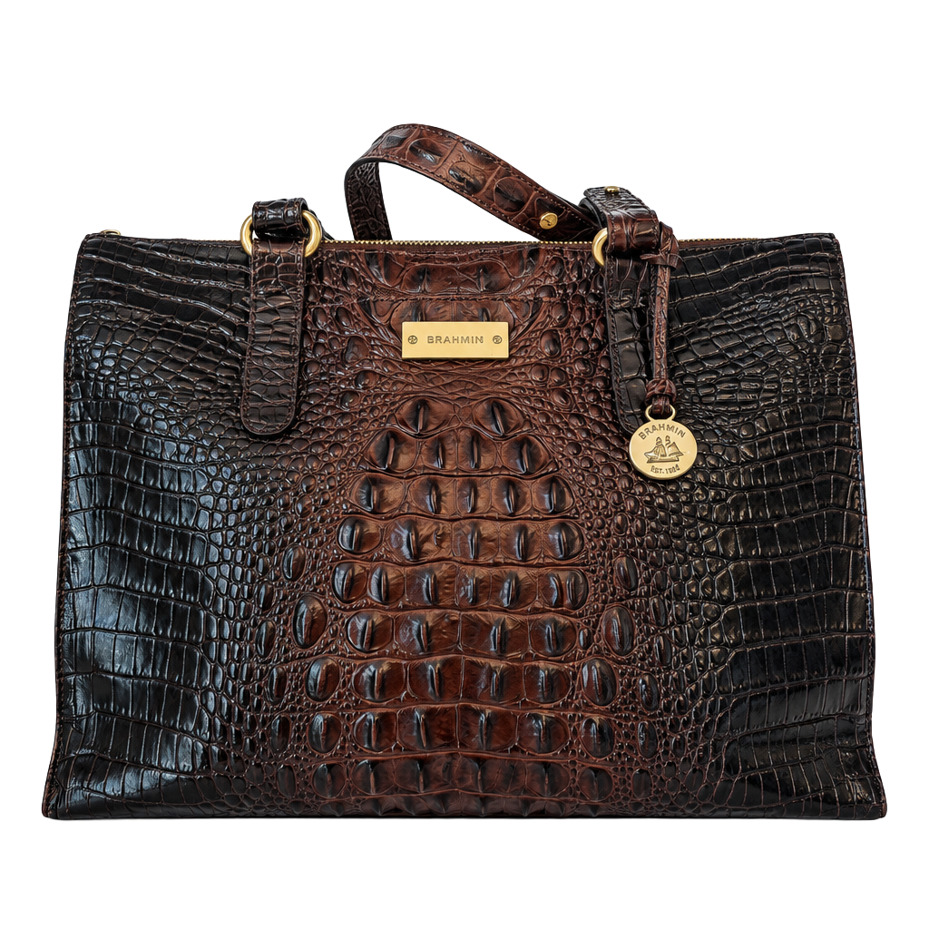 Brahmin Melbourne Leather Business Tote Bag Brown Croc Embossed 1