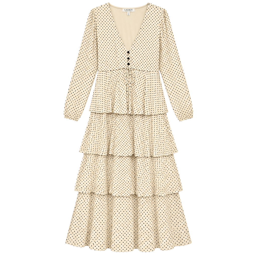 Bluesteel Polka Dot Tiered Long Sleeve Dress Size M Beige Black 1