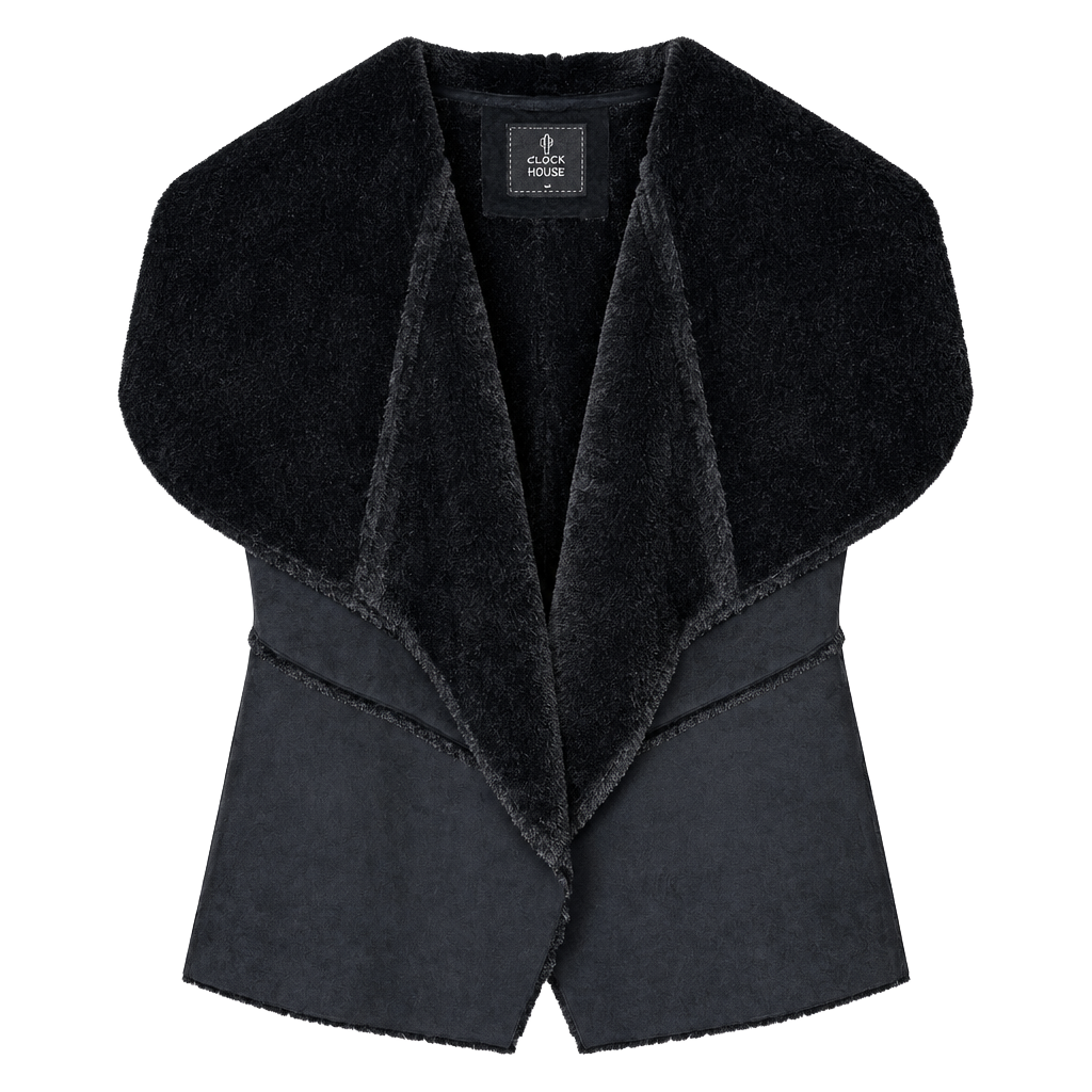 Clockhouse Faux Fur Suede Vest Size G Black Open Front Layering 1