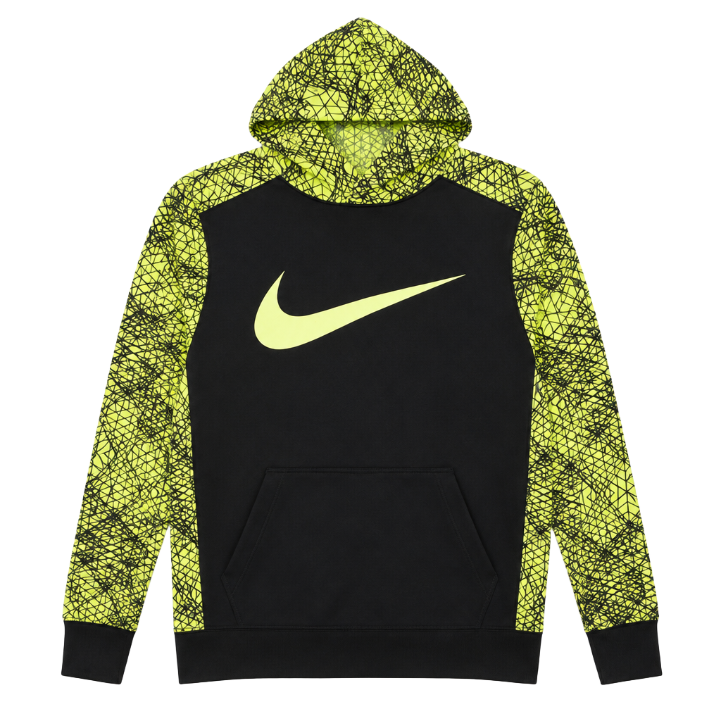 Nike Dri-Fit Child’s Hoodie Size XL Black Volt Yellow Geometric Graphic Pullover 1
