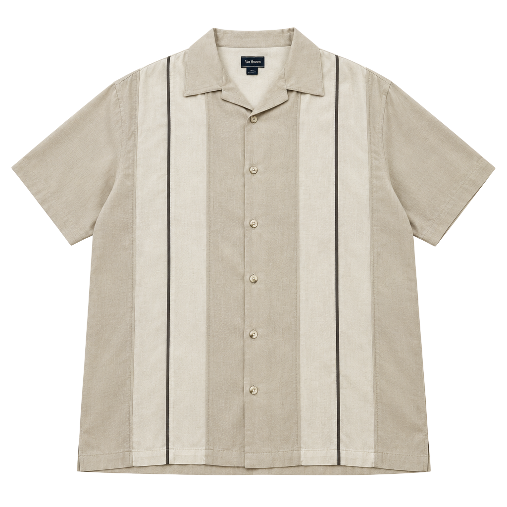 Neiman Marcus Silk Bowling Shirt Size XL Beige Striped Camp Collar 1