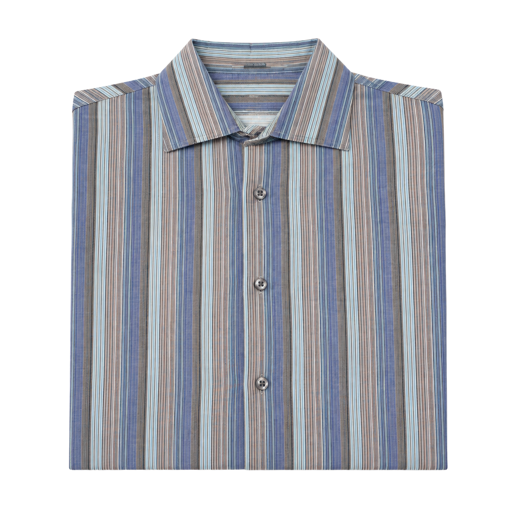 Henry Grethel Design Striped Button Down Shirt XL Blue Brown Cotton 1