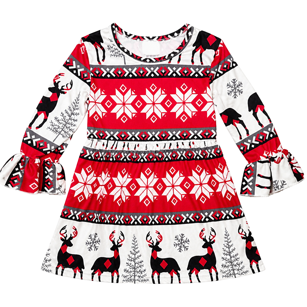 Girls Reindeer Christmas Dress Size XS Red White Snowflake Bell Sleeve 1
