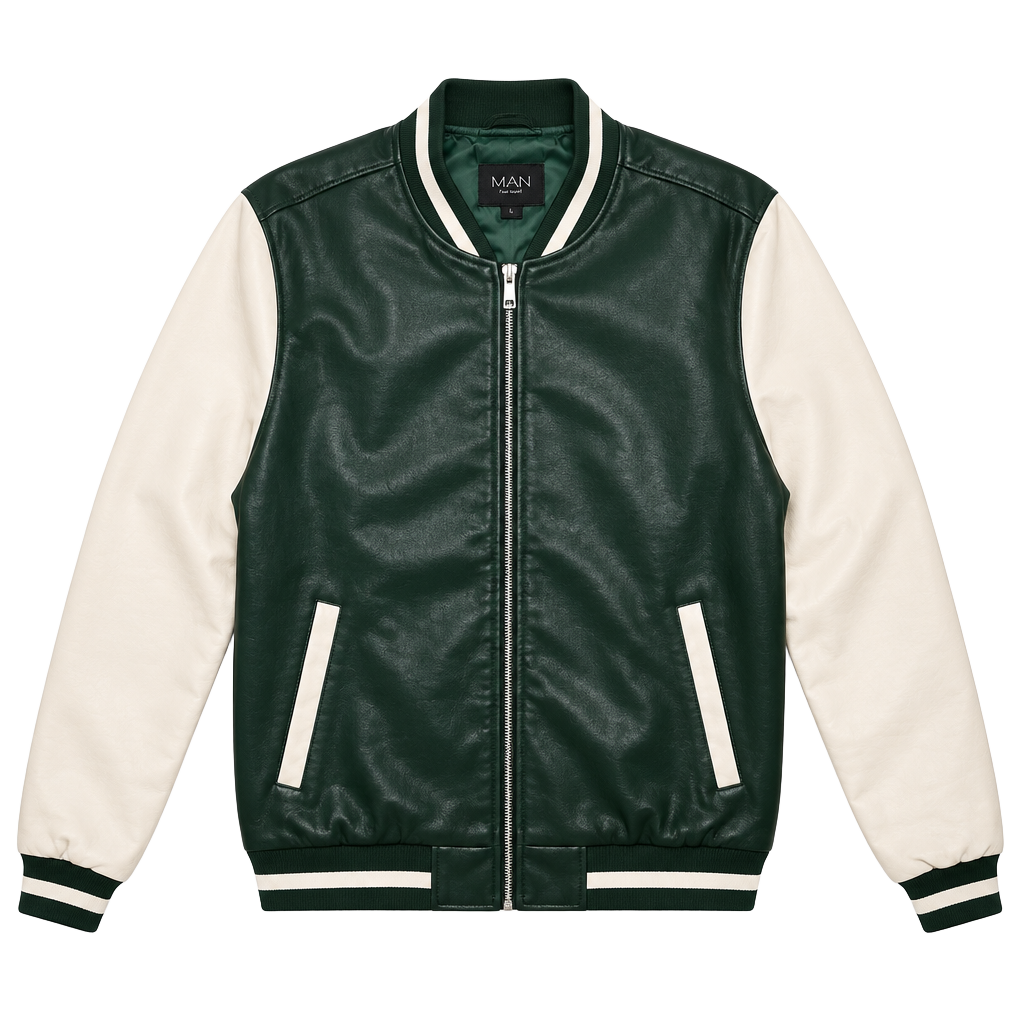 boohooMAN Faux Leather Varsity Jacket Size M Green White 1