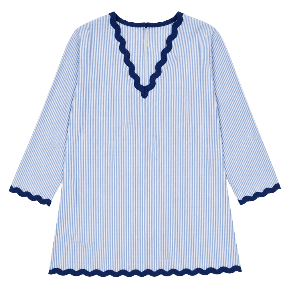 VAOYIU Blue and White Striped Scalloped Trim Tunic Top Size S 1