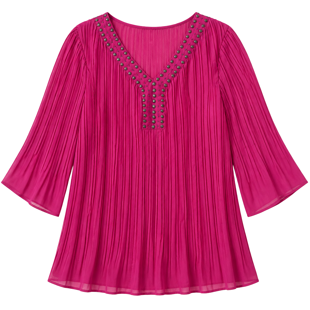 Woman Within Fuchsia Pleated Studded V-Neck Tunic Blouse Size 1X (22/24) 1