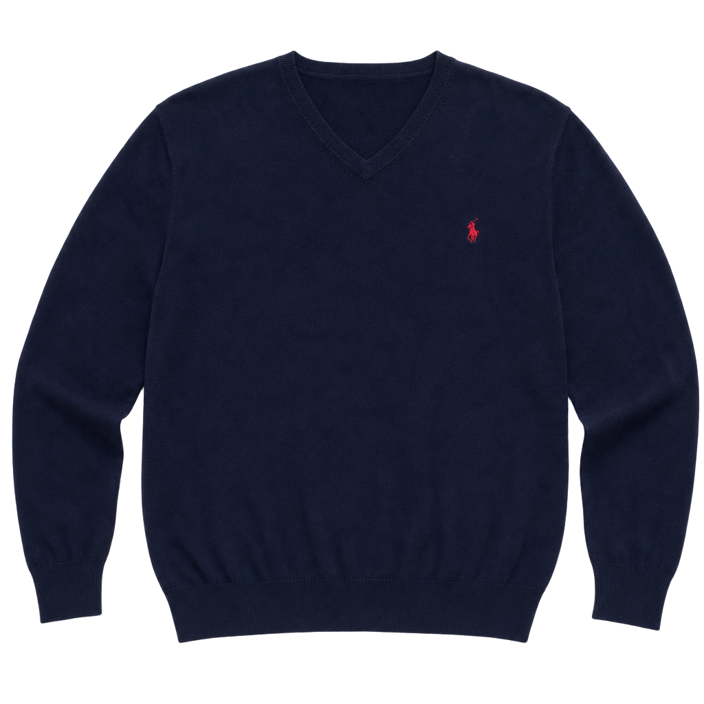 Polo Ralph Lauren Pima Cotton V-Neck Sweater Navy Blue with Red Pony Logo 1