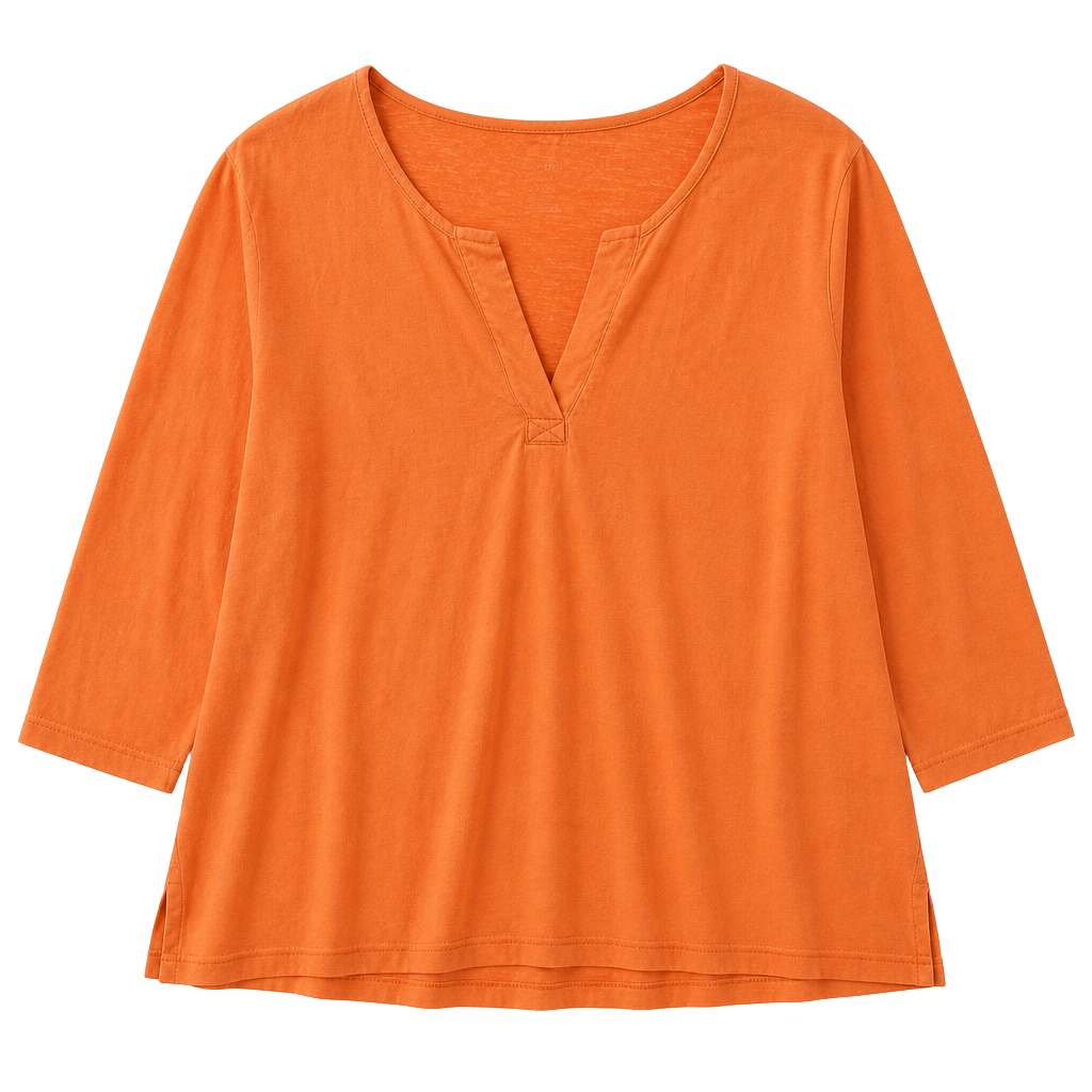 Ulla Popken Orange Relaxed Fit 3/4 Sleeve Split Neck Cotton Top Size 20/22 1