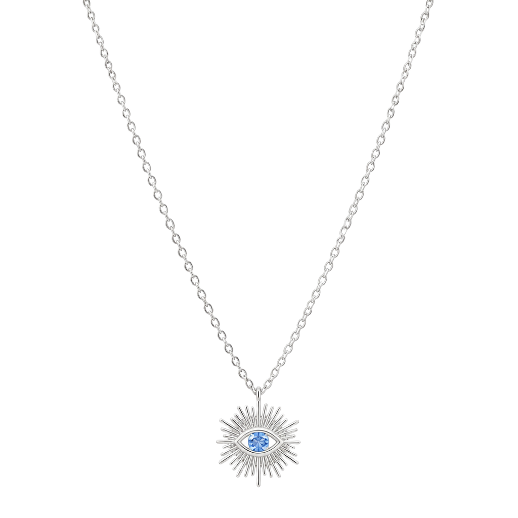 Sunburst Evil Eye Pendant Necklace with Blue Stone Silver Chain 1