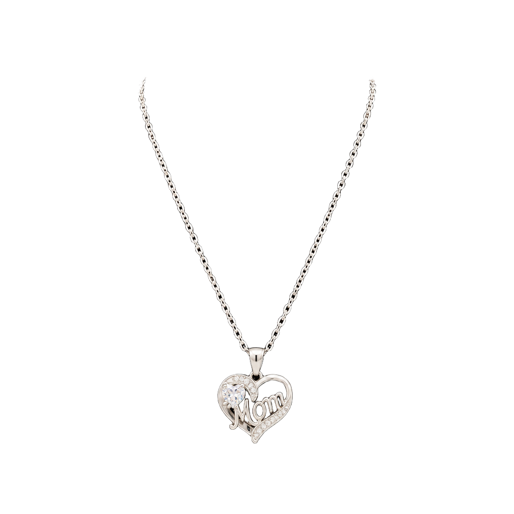 Silver Tone Mom Heart Pendant Necklace with Crystal Stones 1