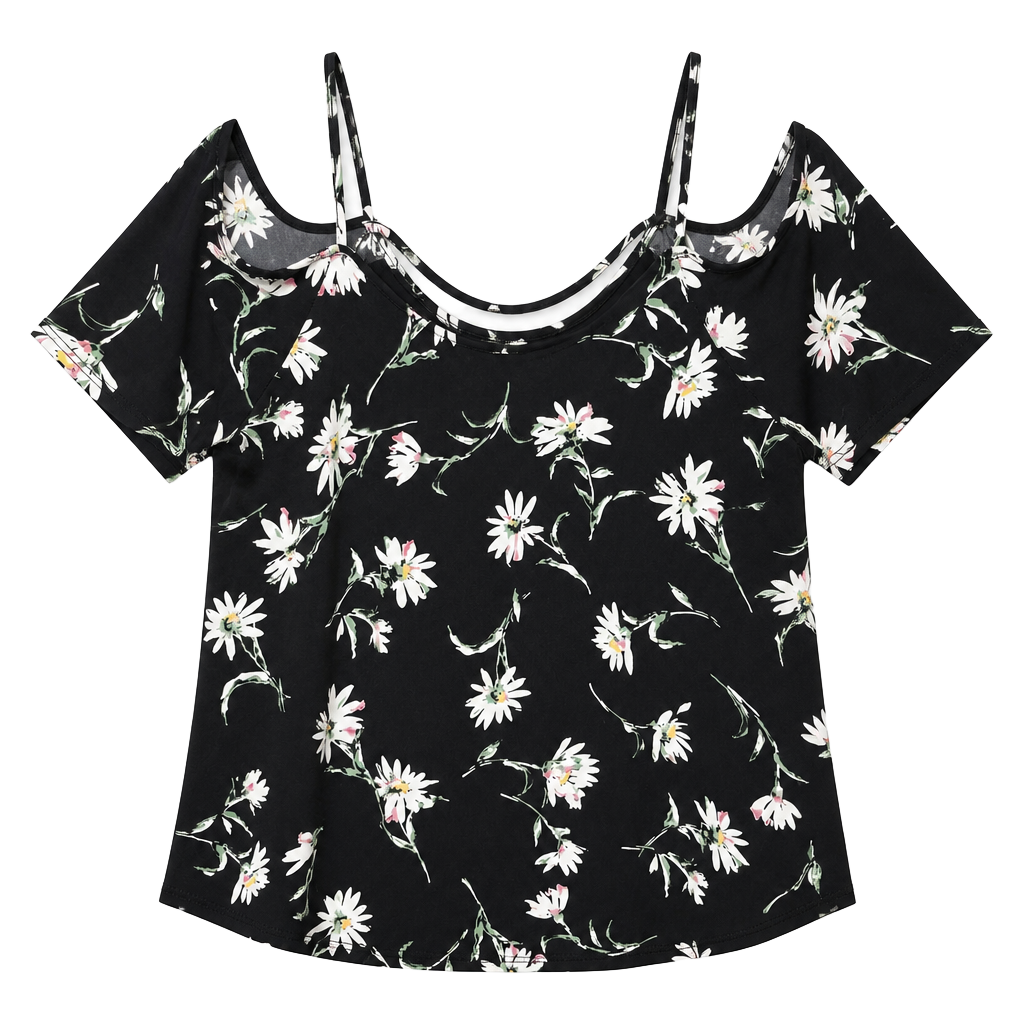 Y2K Black Floral Cold Shoulder Blouse V-Neck Short Sleeve Top 1