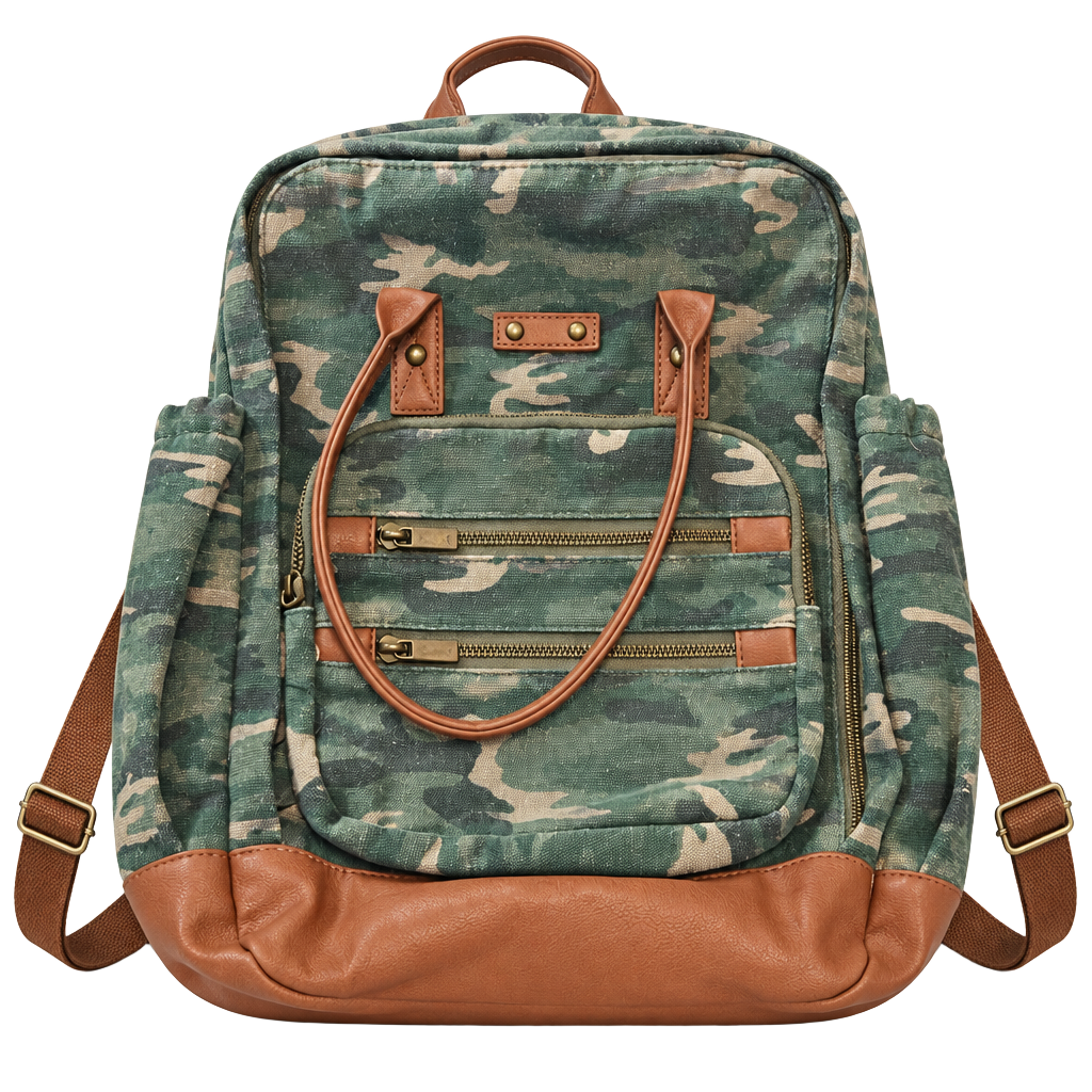 Camouflage Canvas Backpack With Brown Trim 1