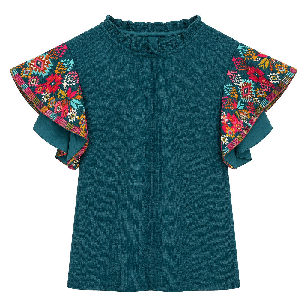 Teal Embroidered Boho Blouse Ruffle Neck and Sleeves 1