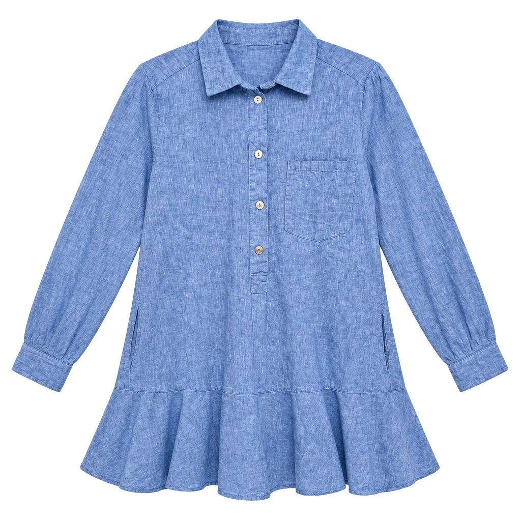 Tuckernuck Dress Blue Cotton Long Sleeve Ruffle Hem Shirt Dress 1