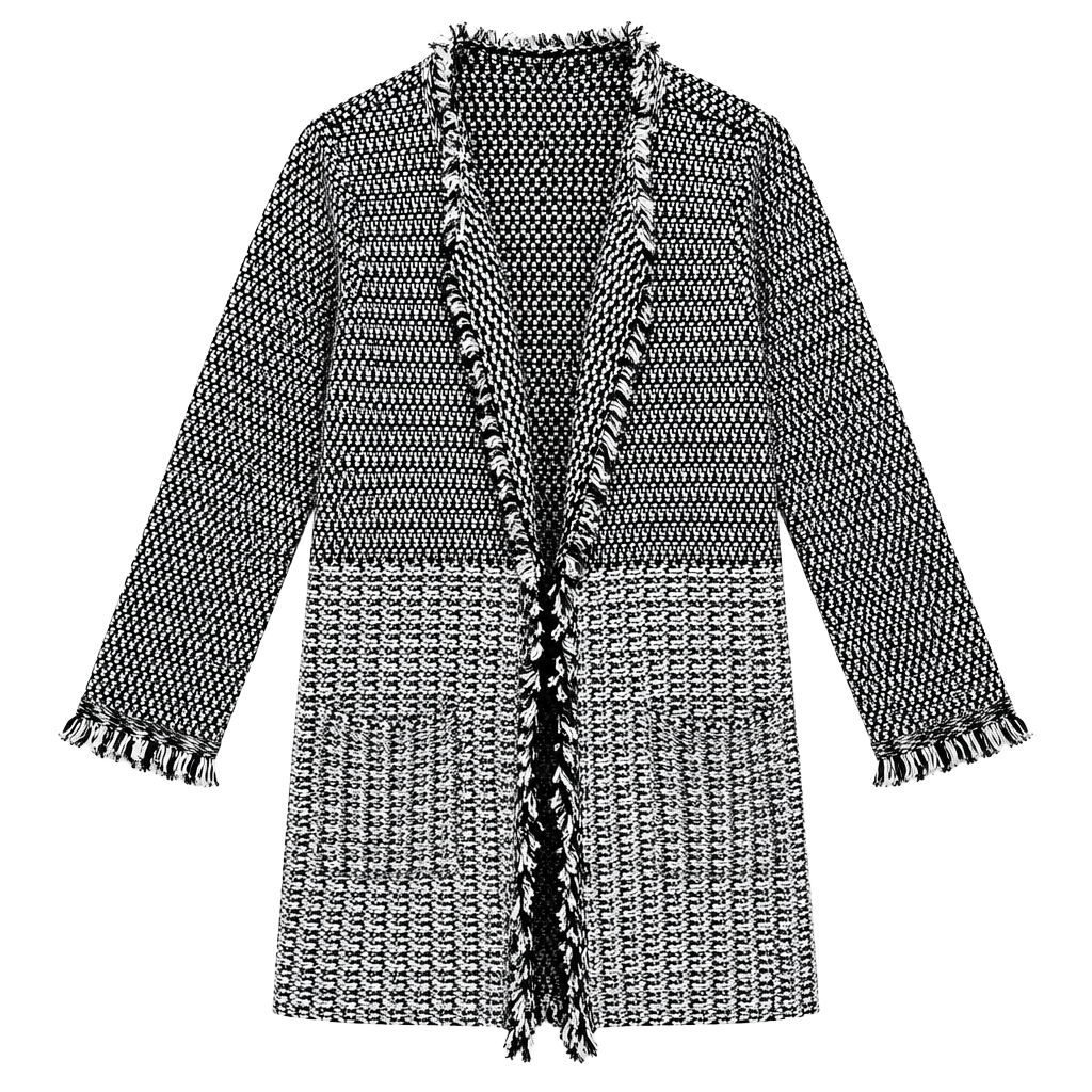 Black & White Tweed Cardigan | Fringe Open-Front Sweater Jacket 1