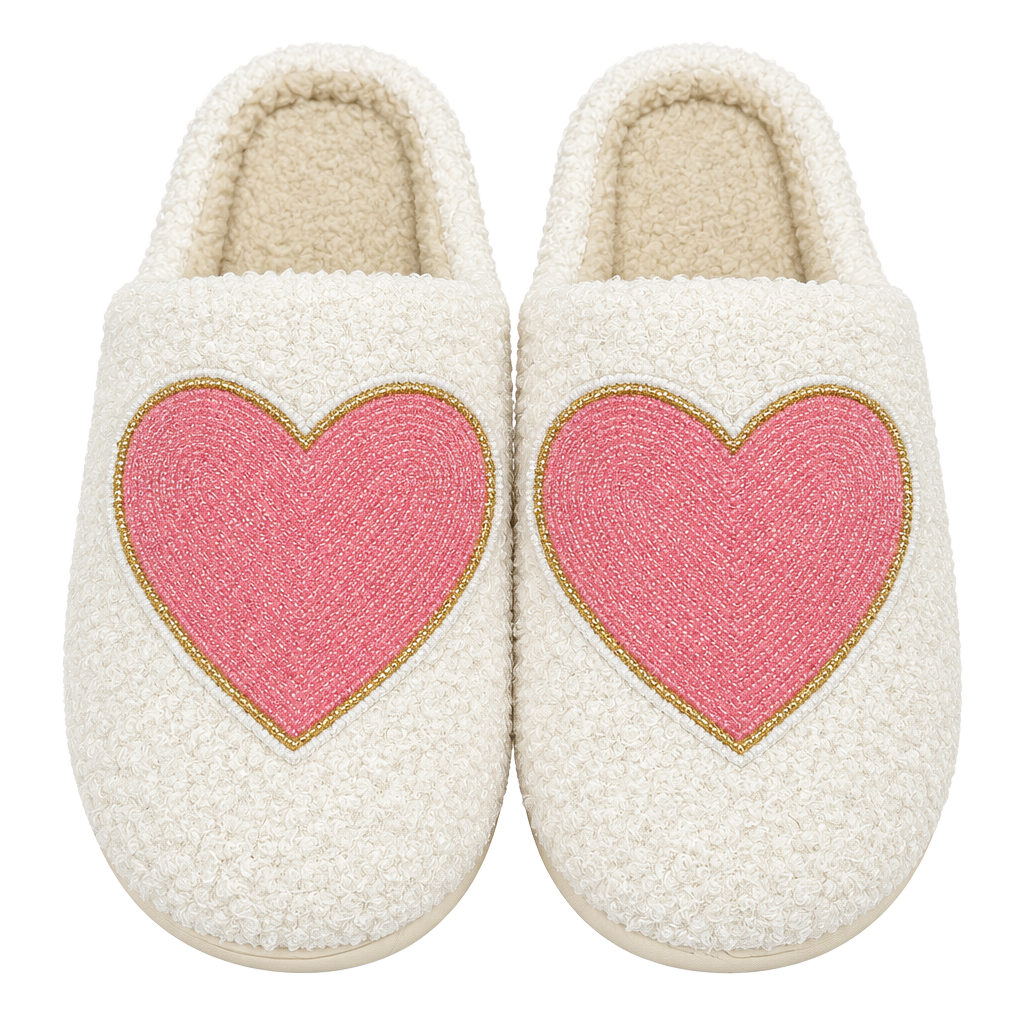 Katydid Heart Slippers Size 6/7 White Fuzzy Beaded Heart 1