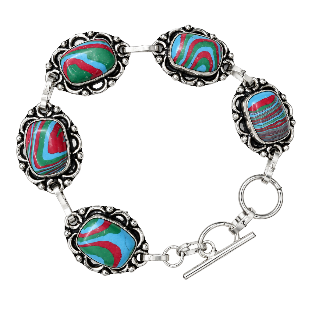 Artisan Sterling Silver 925 Multi Color Swirl Stone Toggle Bracelet 1