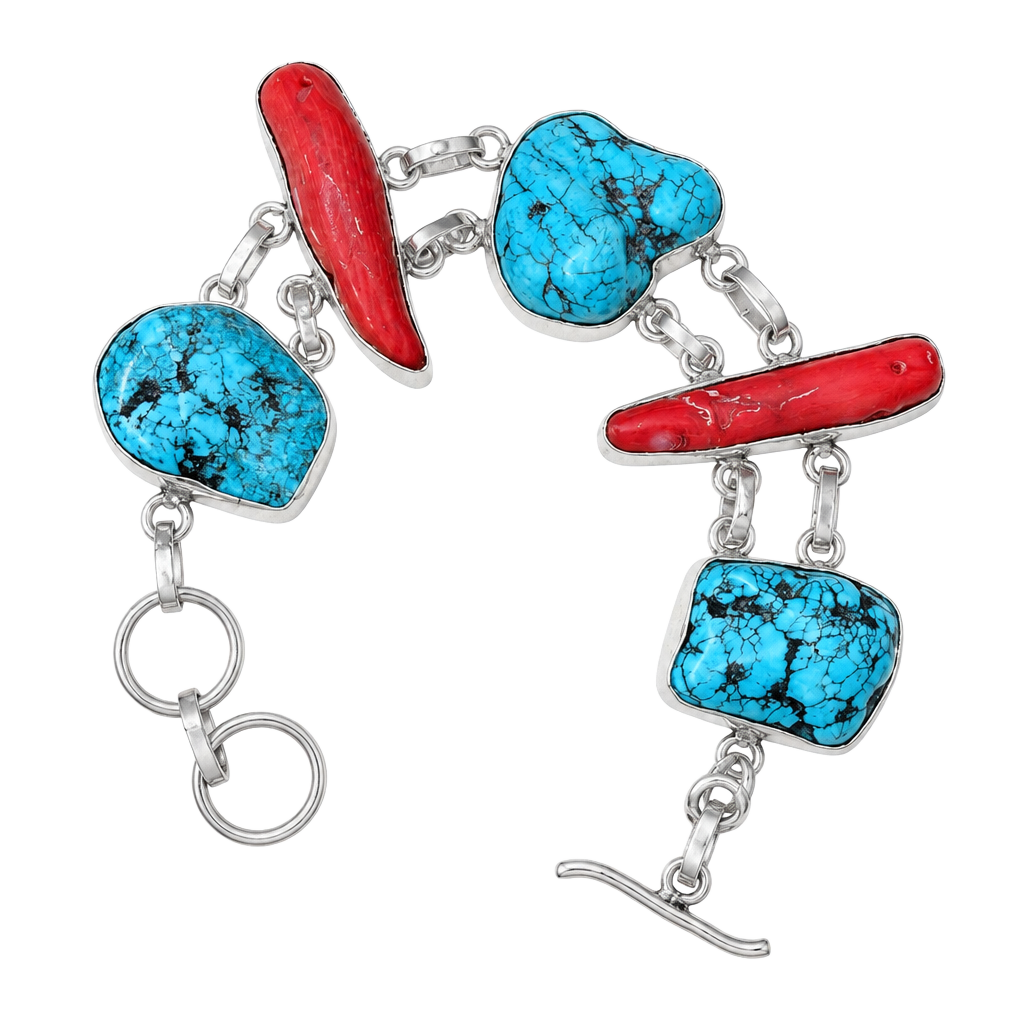 Artisan Sterling Silver Turquoise And Red Coral Link Bracelet 1