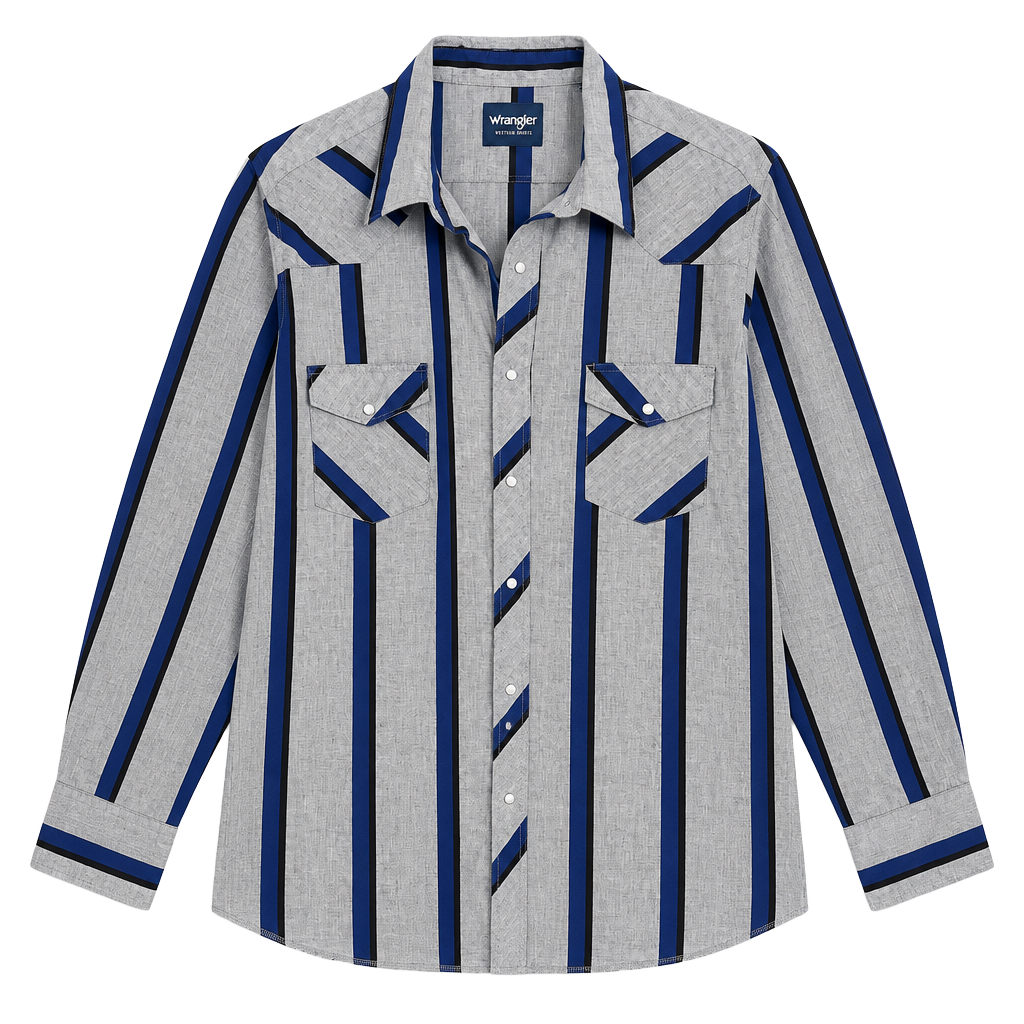 Wrangler Western Shirt Size 3X Gray Blue Stripe Pearl Snap Long 1