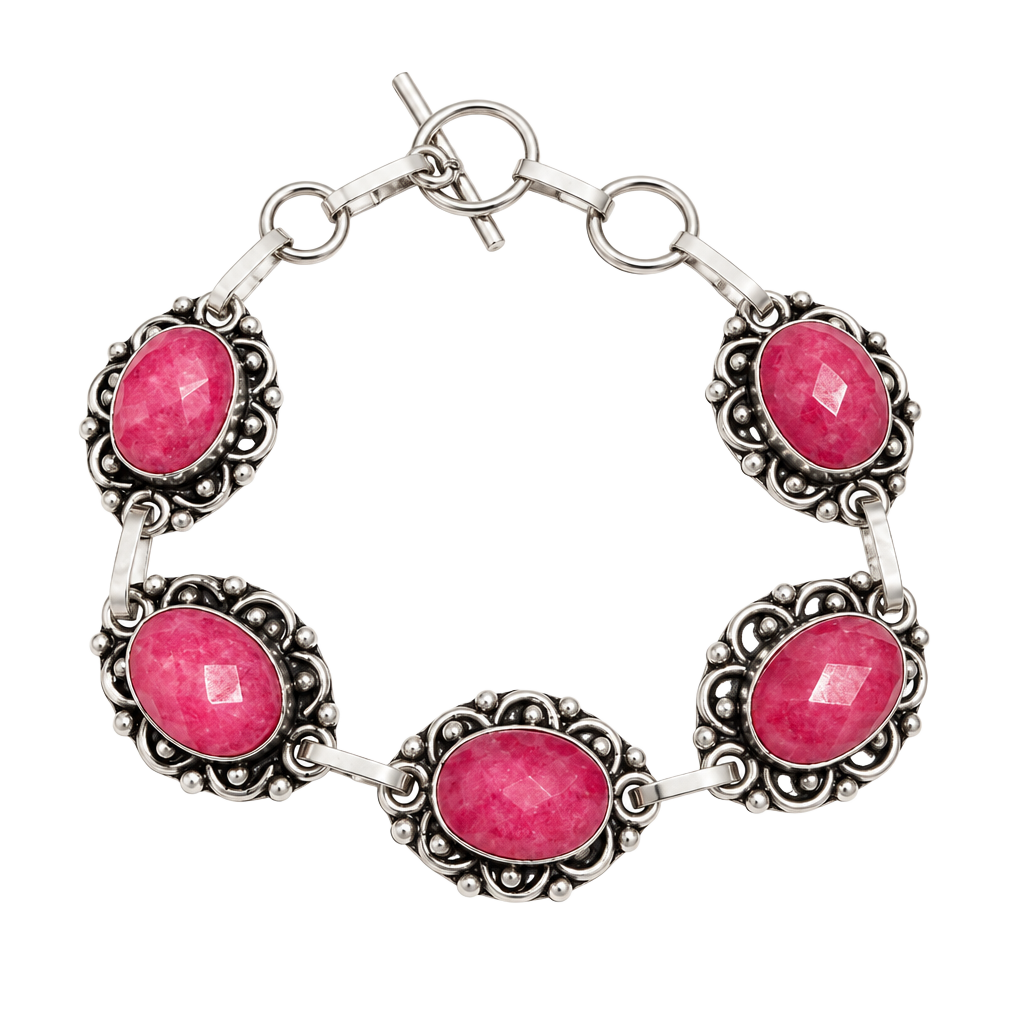 Sterling Silver 925 Pink Stone Faceted Toggle Link Bracelet 1