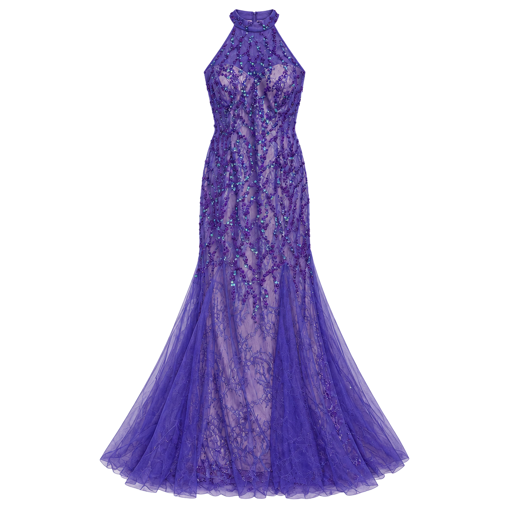 Purple Halter Sequin Lace Mermaid Gown 1