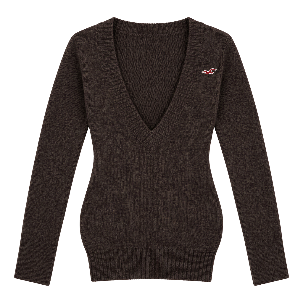 Y2K 2000’s Hollister Deep V-Neck Sweater Size M Brown Long Sleeve 1