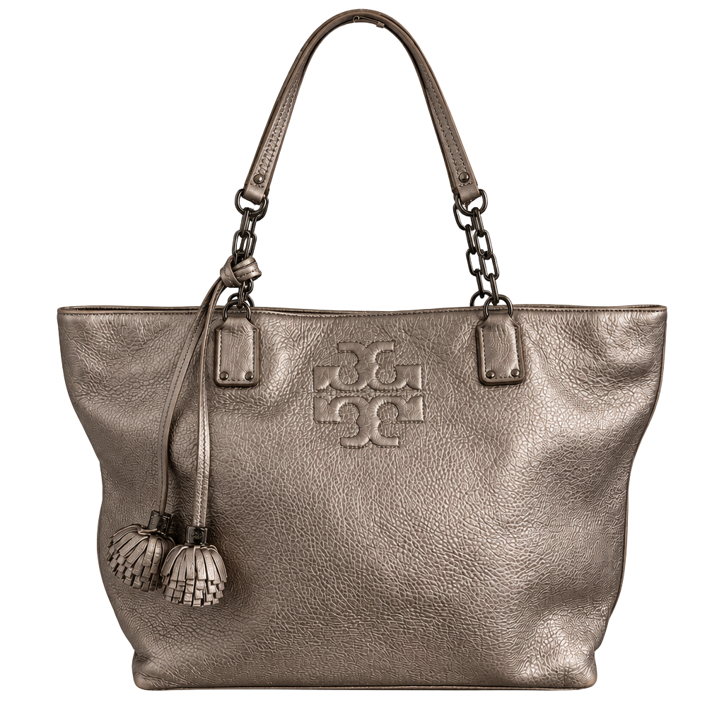 Tory Burch Metallic Leather Tote Bag with Tassels Gunmetal 1