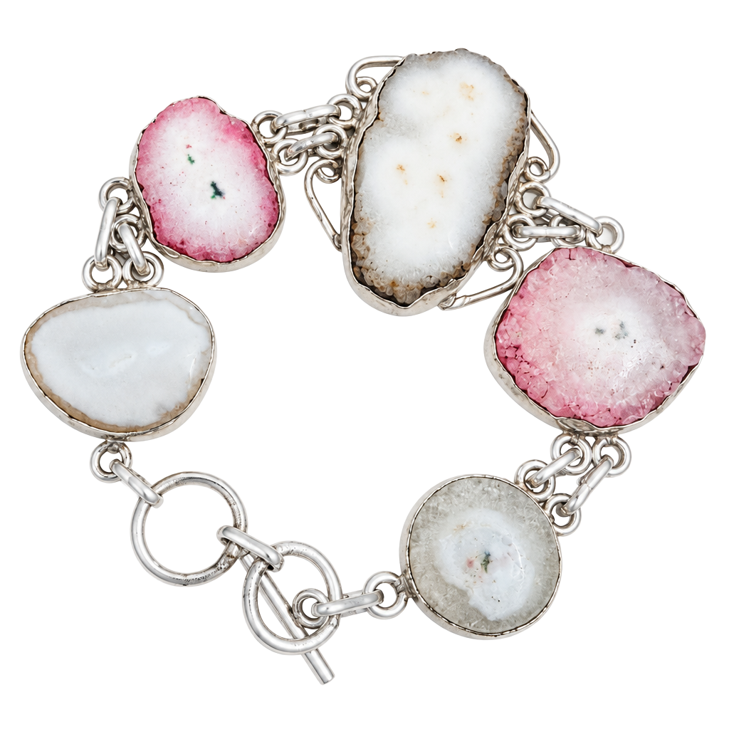Handmade 925 Sterling Silver Pink & White Druzy Agate Toggle Bracelet 1