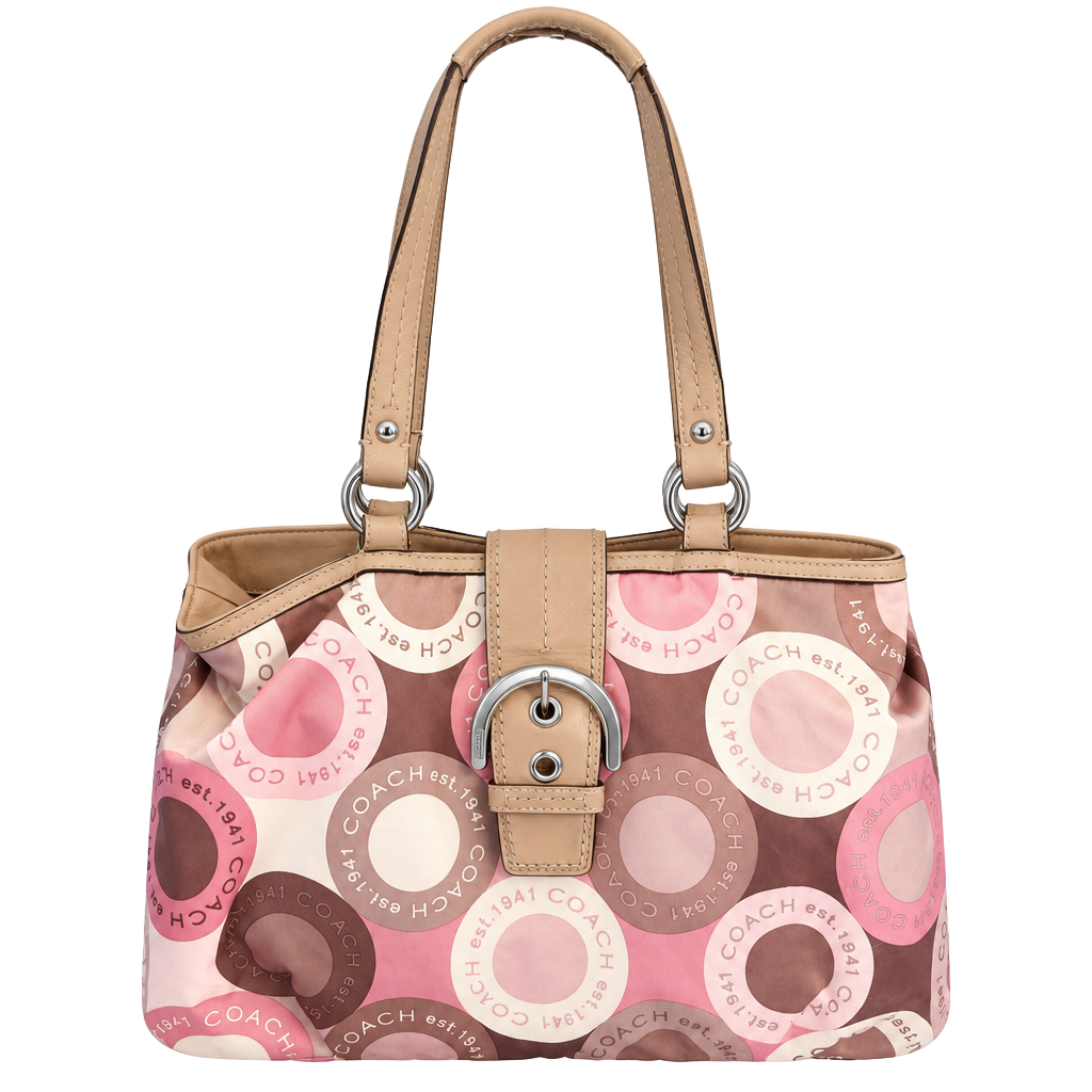 Coach Pink and Brown Circle Print Satchel Bag with Tan Leather Trim 1