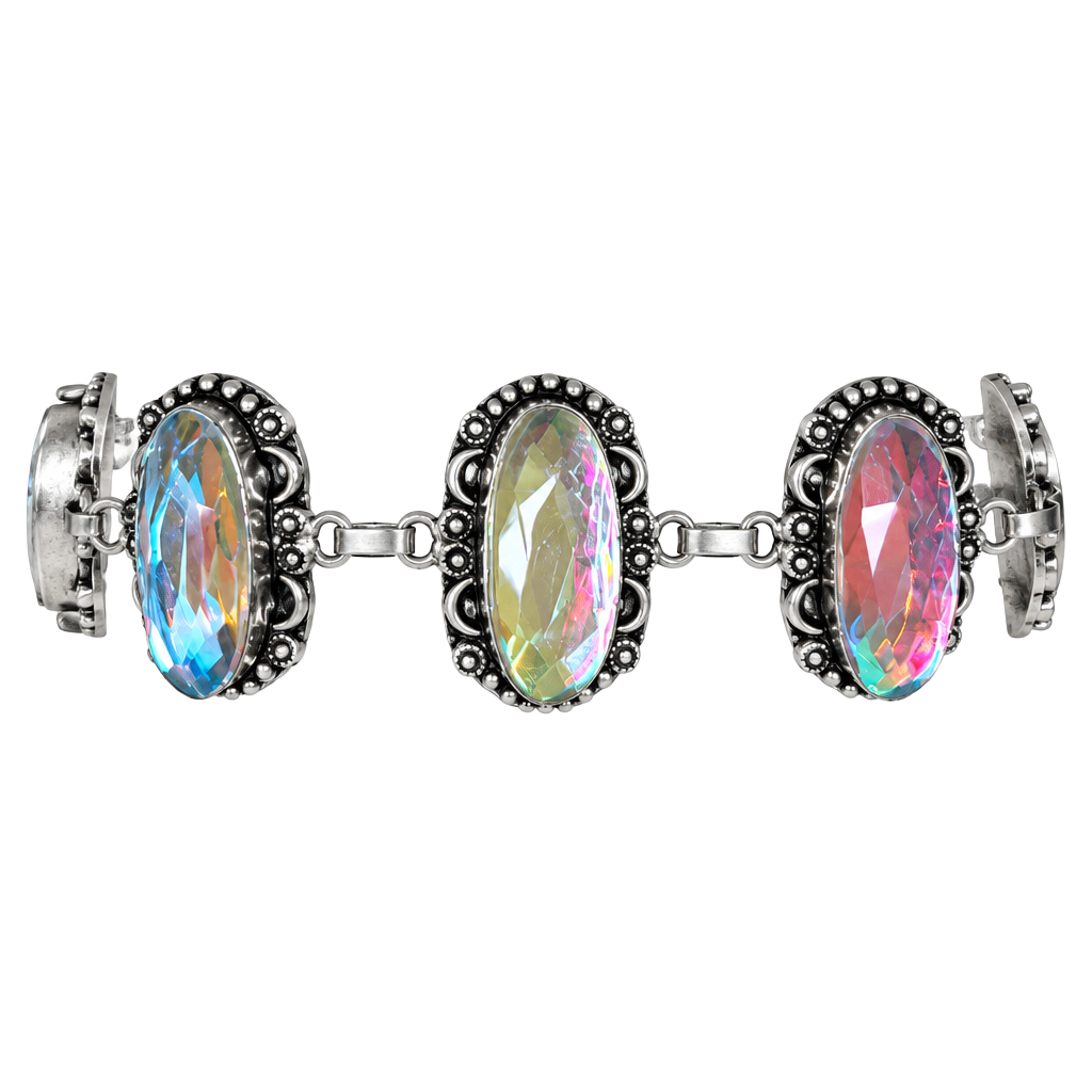 Sterling Silver 925 Iridescent Aurora Borealis Crystal Statement Bracelet 1