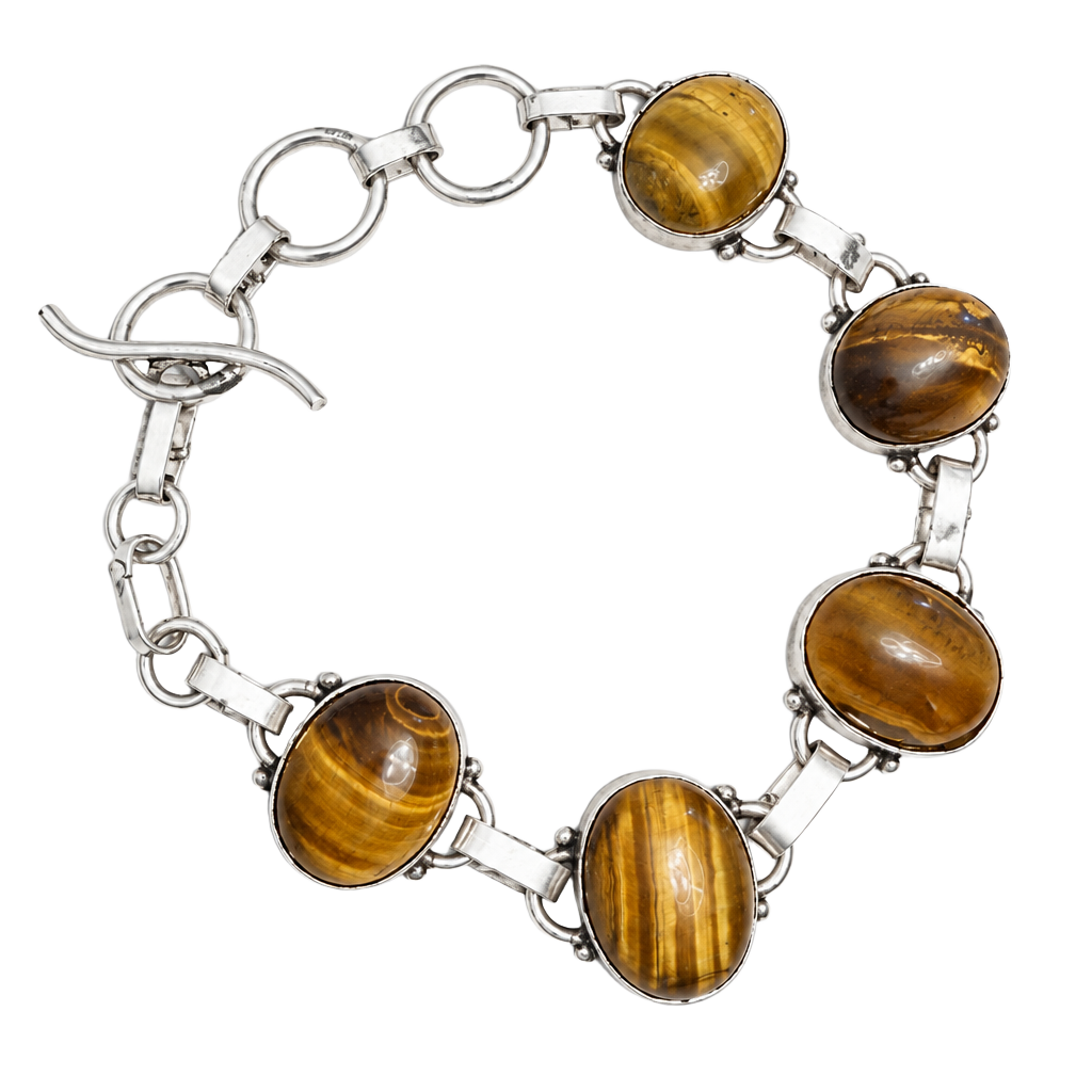 Vintage Sterling Silver 925 Tiger's Eye Gemstone Link Bracelet 1