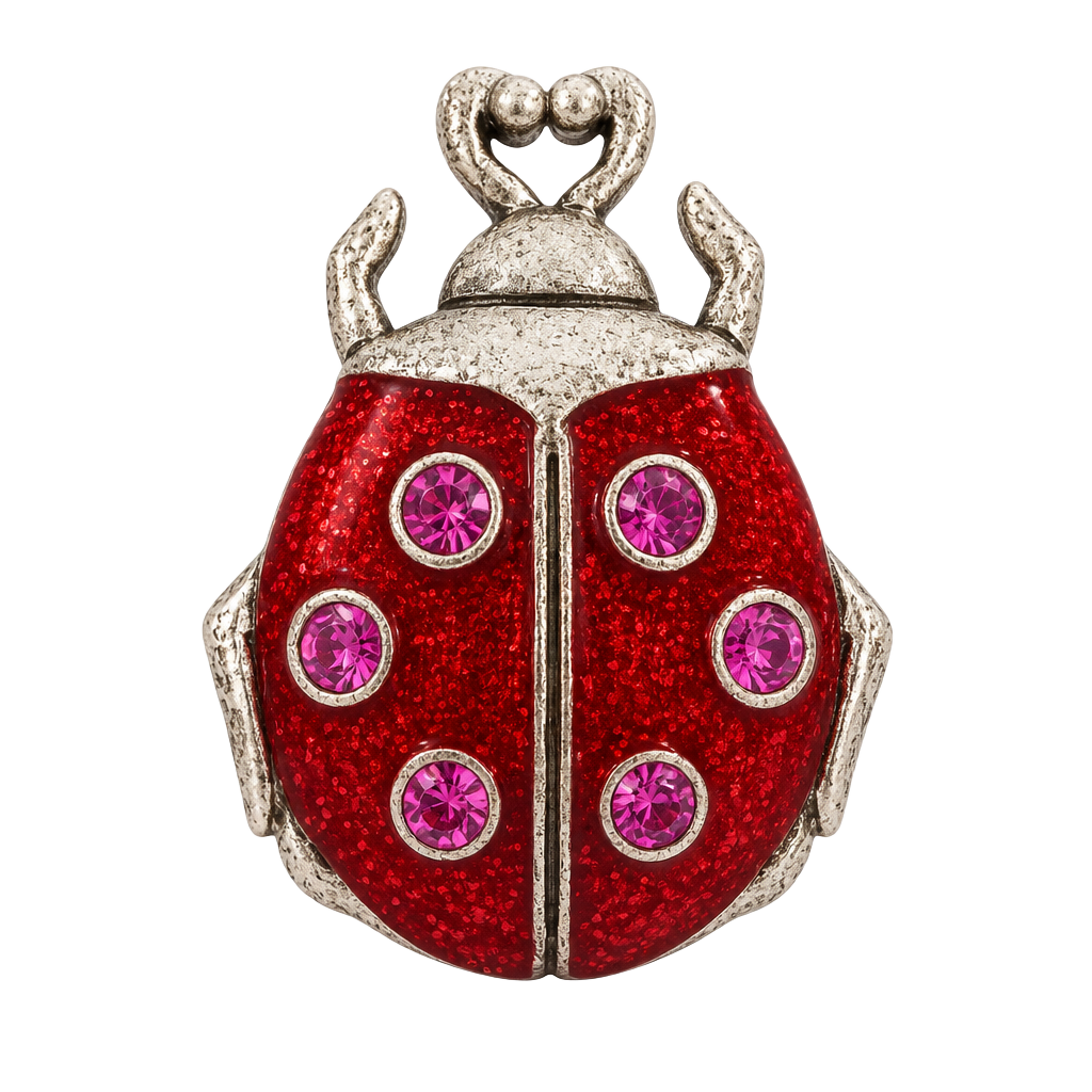 Vintage AJMC Ladybug Brooch Red Glitter Enamel Pink Rhinestone Figural Pin 1
