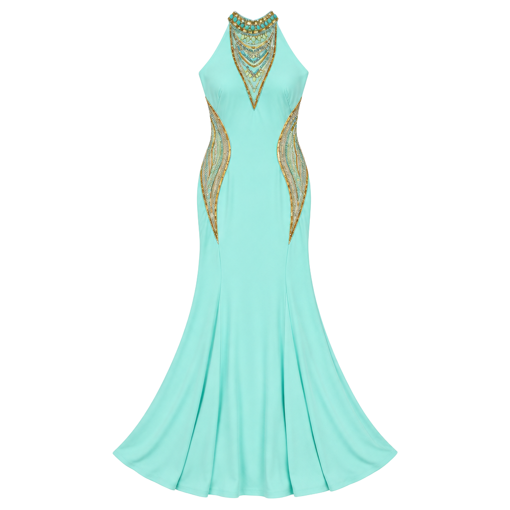 Dave & Johnny Aqua Beaded Halter formal Prom Gown Size 11/12 1