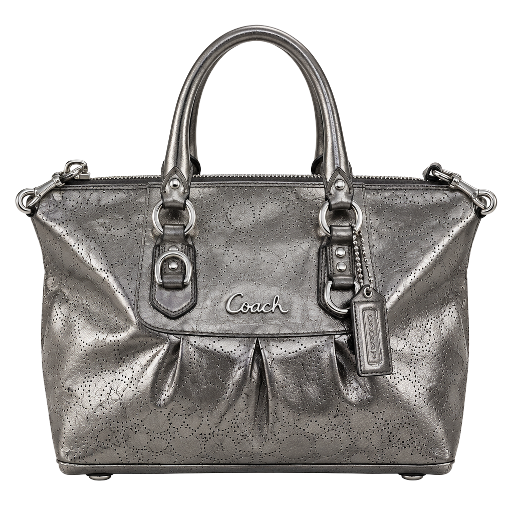Coach Ashley Perforated Metallic Leather Satchel Handbag Silver 1