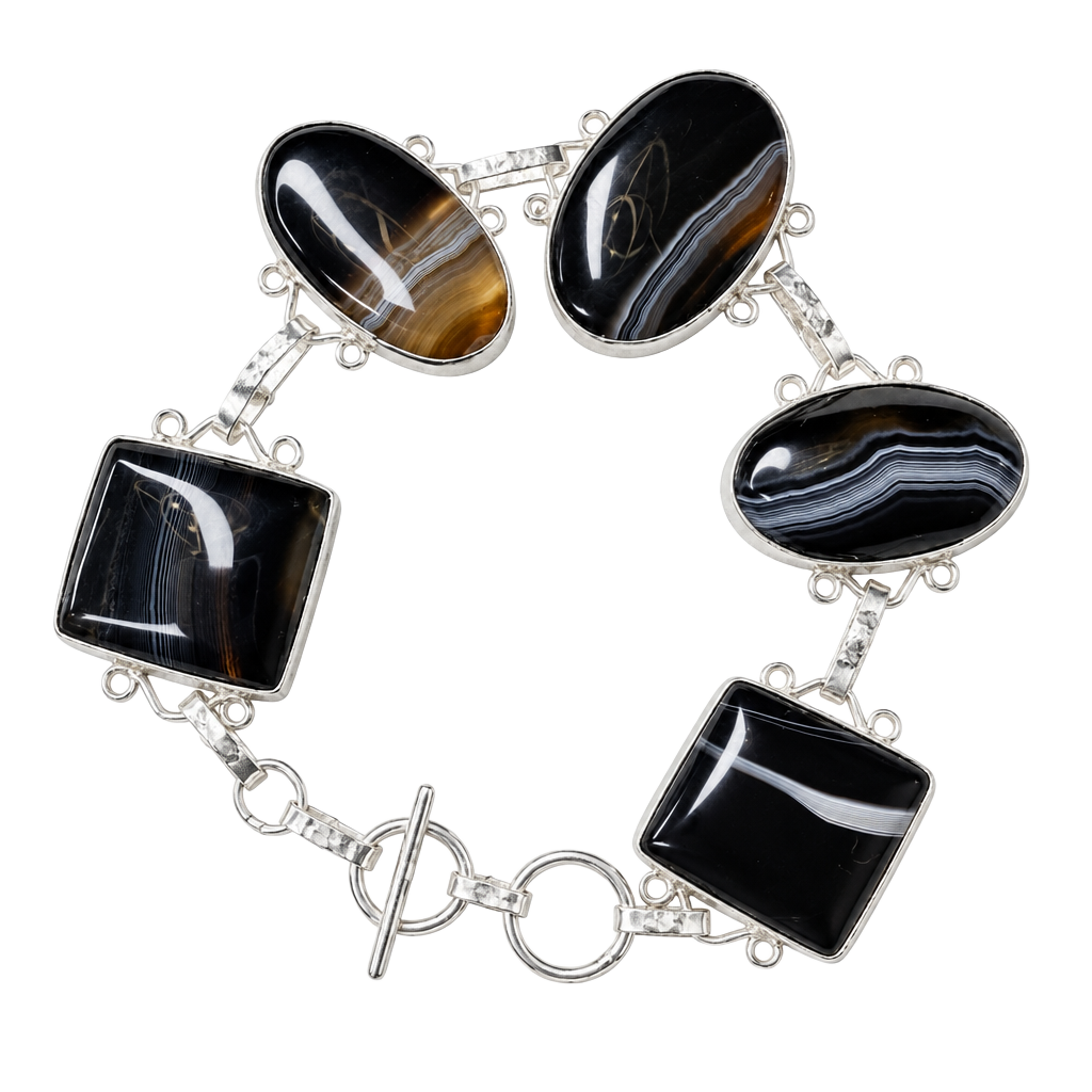 Artisan Sterling Silver 925 Banded Agate Stone Toggle Bracelet 1