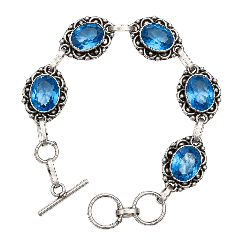 Vintage Sterling Silver Blue Topaz Gemstone Toggle Bracelet 925 1