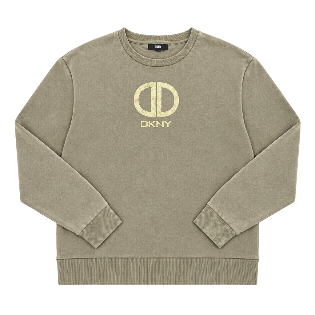 DKNY Logo Sweatshirt Size XL Tan Gold Glitter Crewneck Pullover Womens 1
