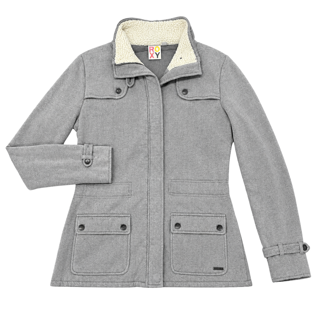 Roxy Fleece Jacket Gray Sherpa Lined Full Zip Utility Coat women’s Large 1