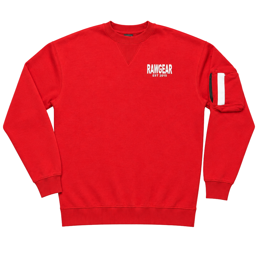 Rawgear Logo Crewneck Sweatshirt Red Gym Wear With Zipper Storage On arm Sleeve 1