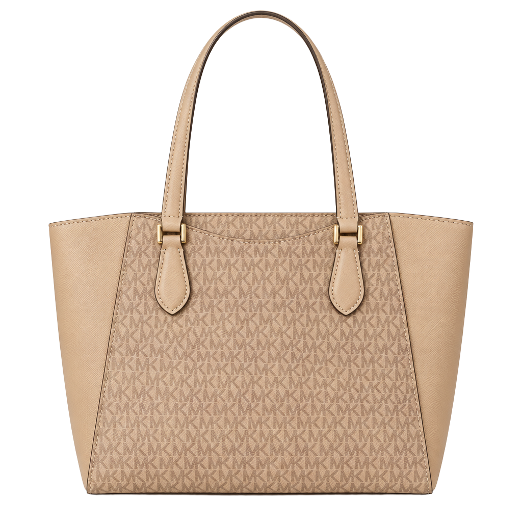 Taryn Large Signature Logo and Leather Tote Bag in HUSK 1