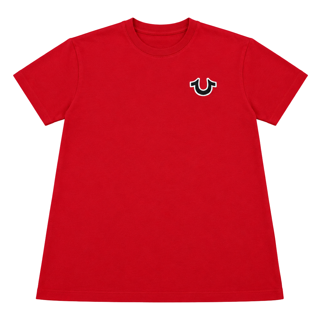 True Religion T-Shirt Size Small Red Buddha Guitar Logo Graphic 1