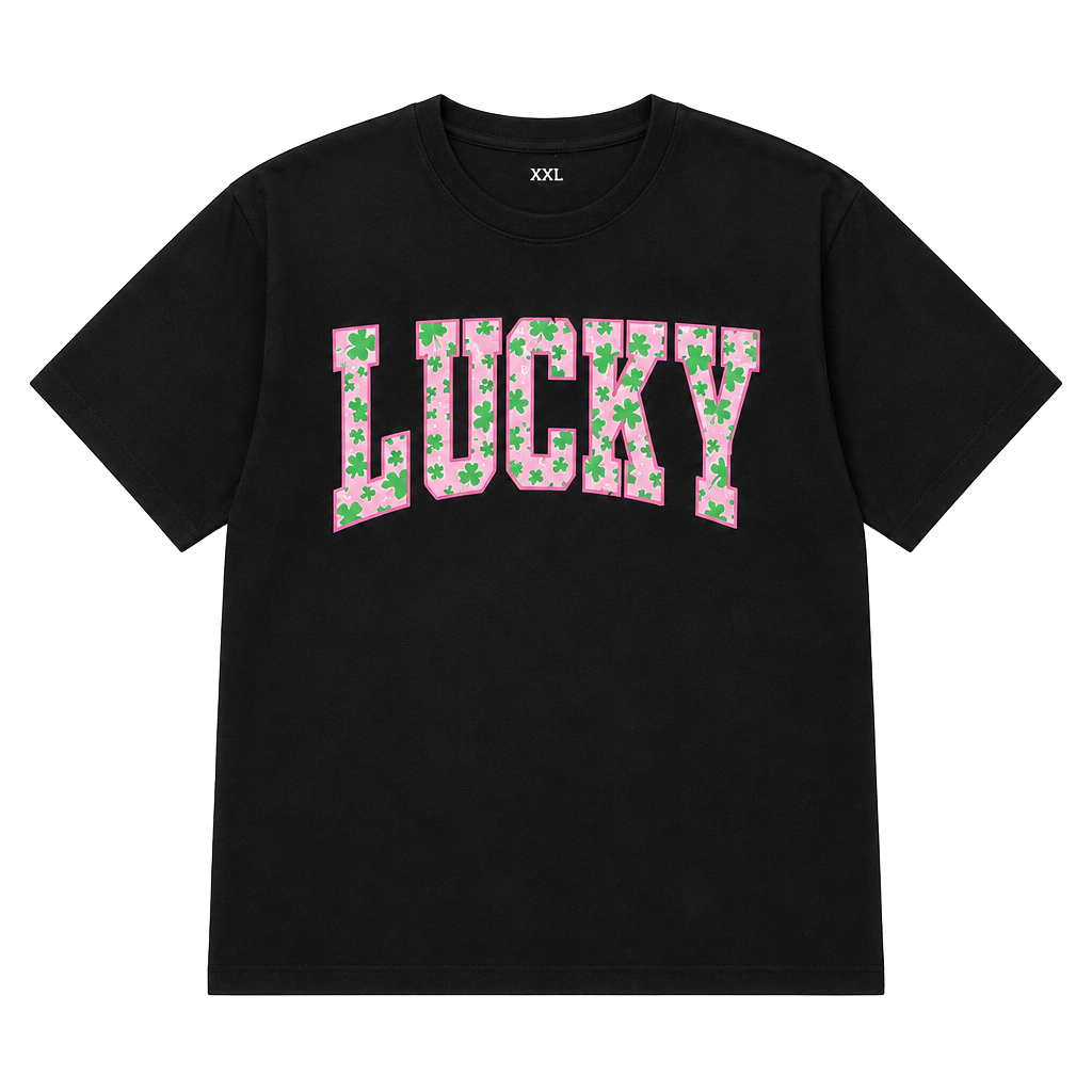 LUCKY Graphic Short Sleeve Tee in Black with Pink & Green Print 1