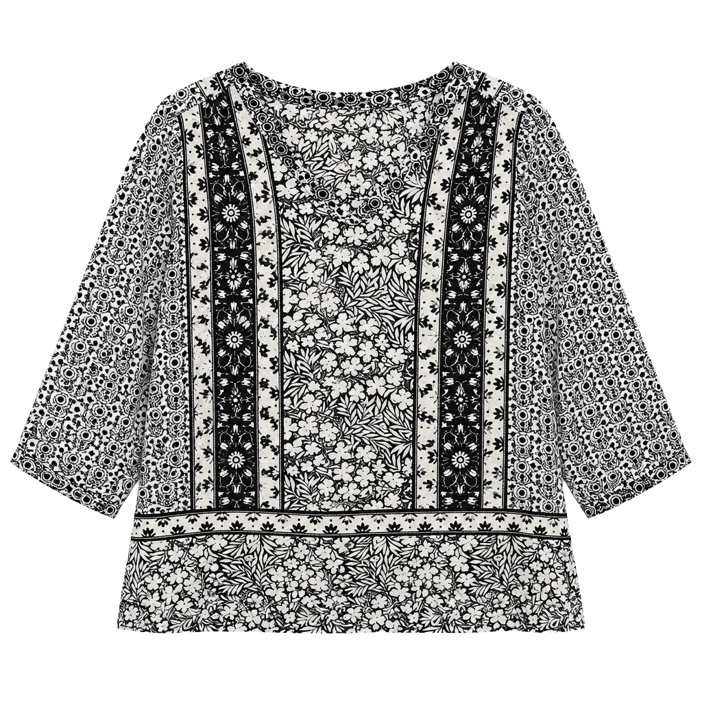 Old Navy Black & White Floral Border V-Neck Blouse 1