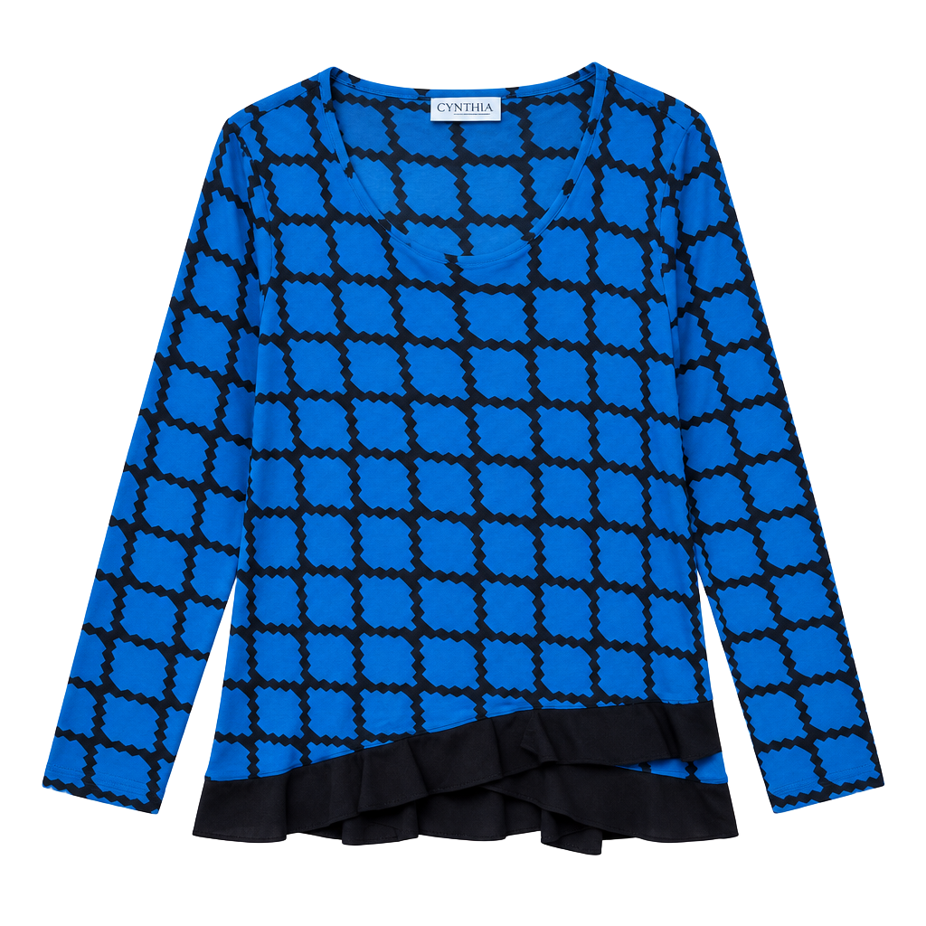 Cynthia Rowley Blue and Black Patterned Long Sleeve Top 1