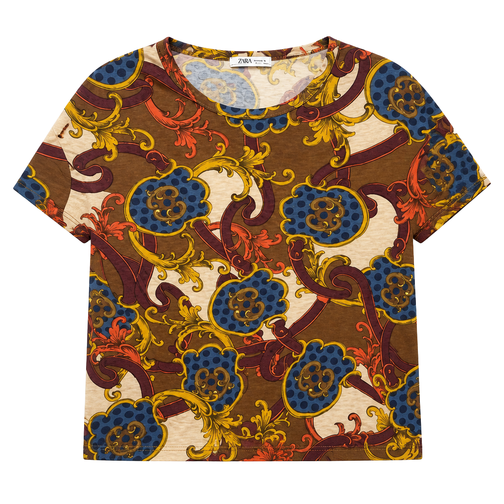 Zara Brown Multicolor Baroque-Print Short Sleeve Tee 1