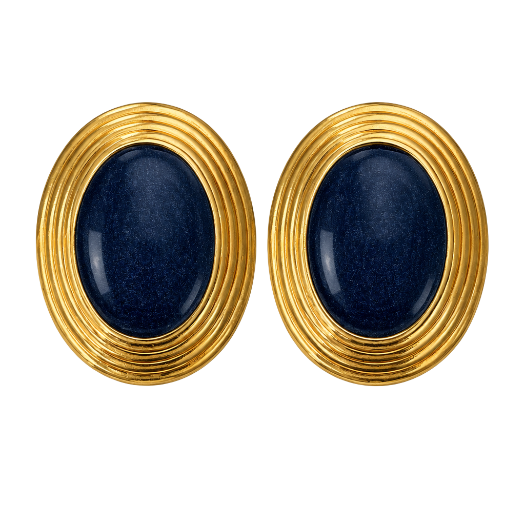 Vintage-Inspired Gold-Tone Oval Navy Blue Statement Stud Earrings 1