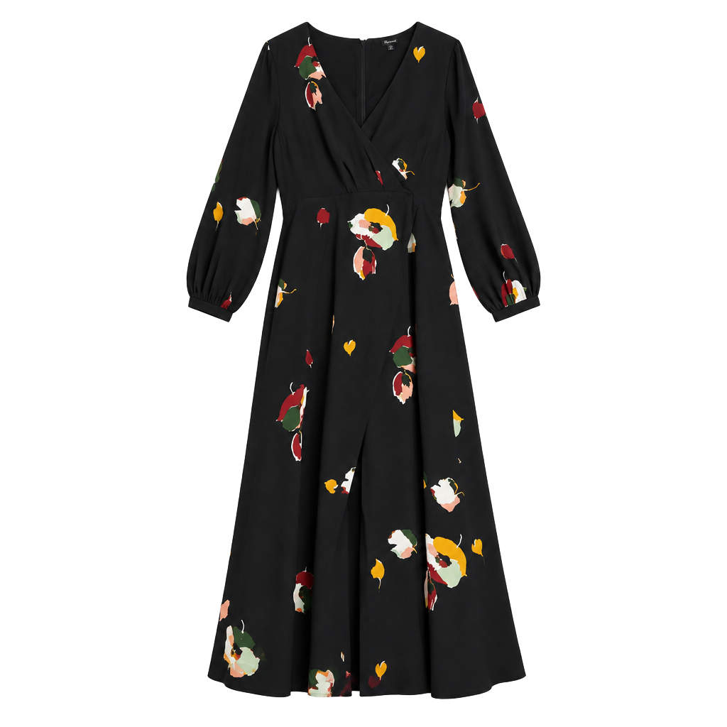 Madewell Maxi Dress Size 10 Black Floral Long Sleeve V-Neck 1