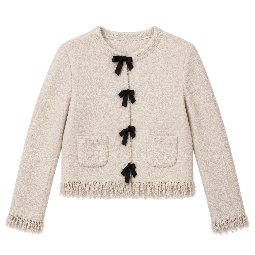 Zara Knit Cardigan with Bows Size M Ecru Cream Fringe 1