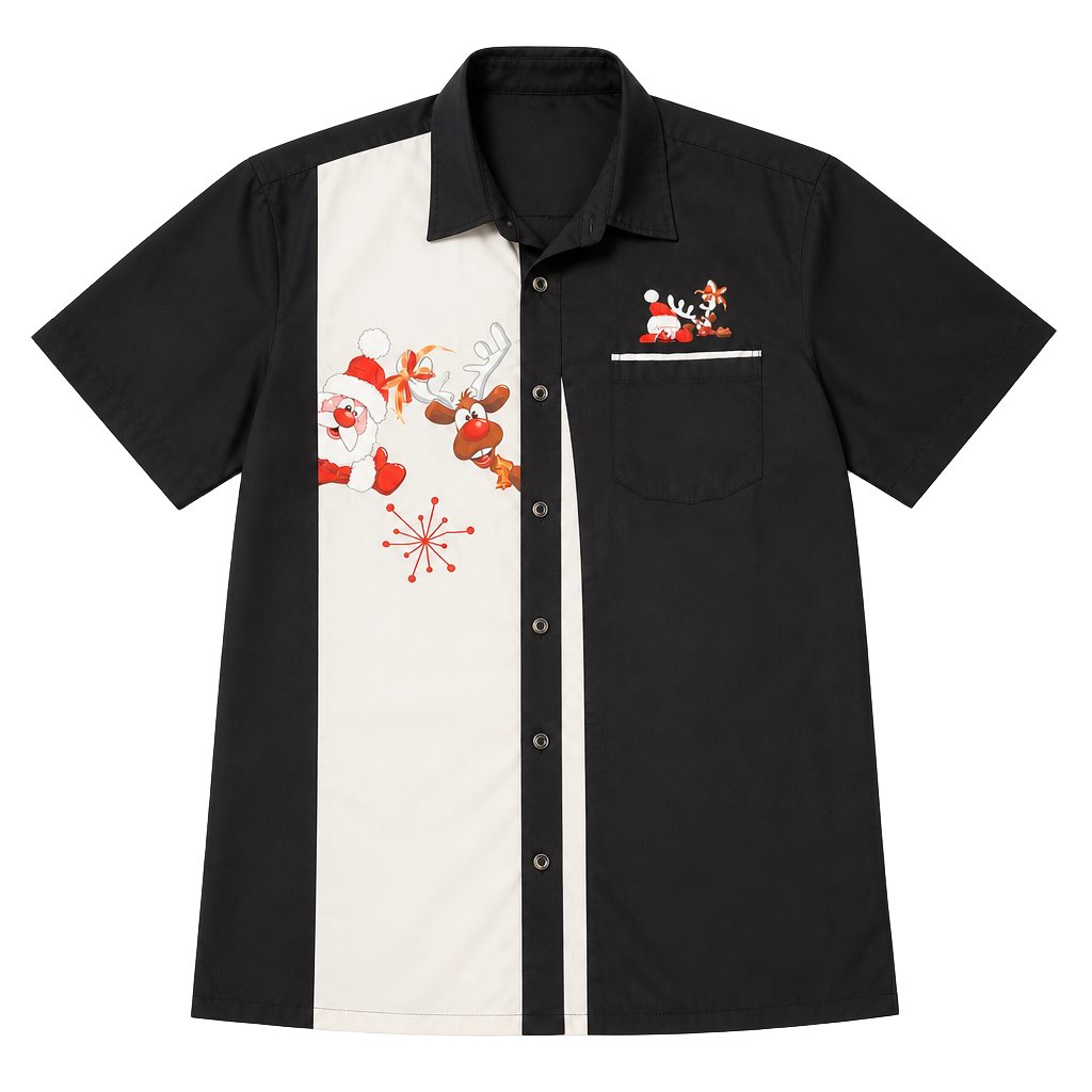 Hawaiian Shirts Christmas Santa & Reindeer Bowling Shirt Size L 1