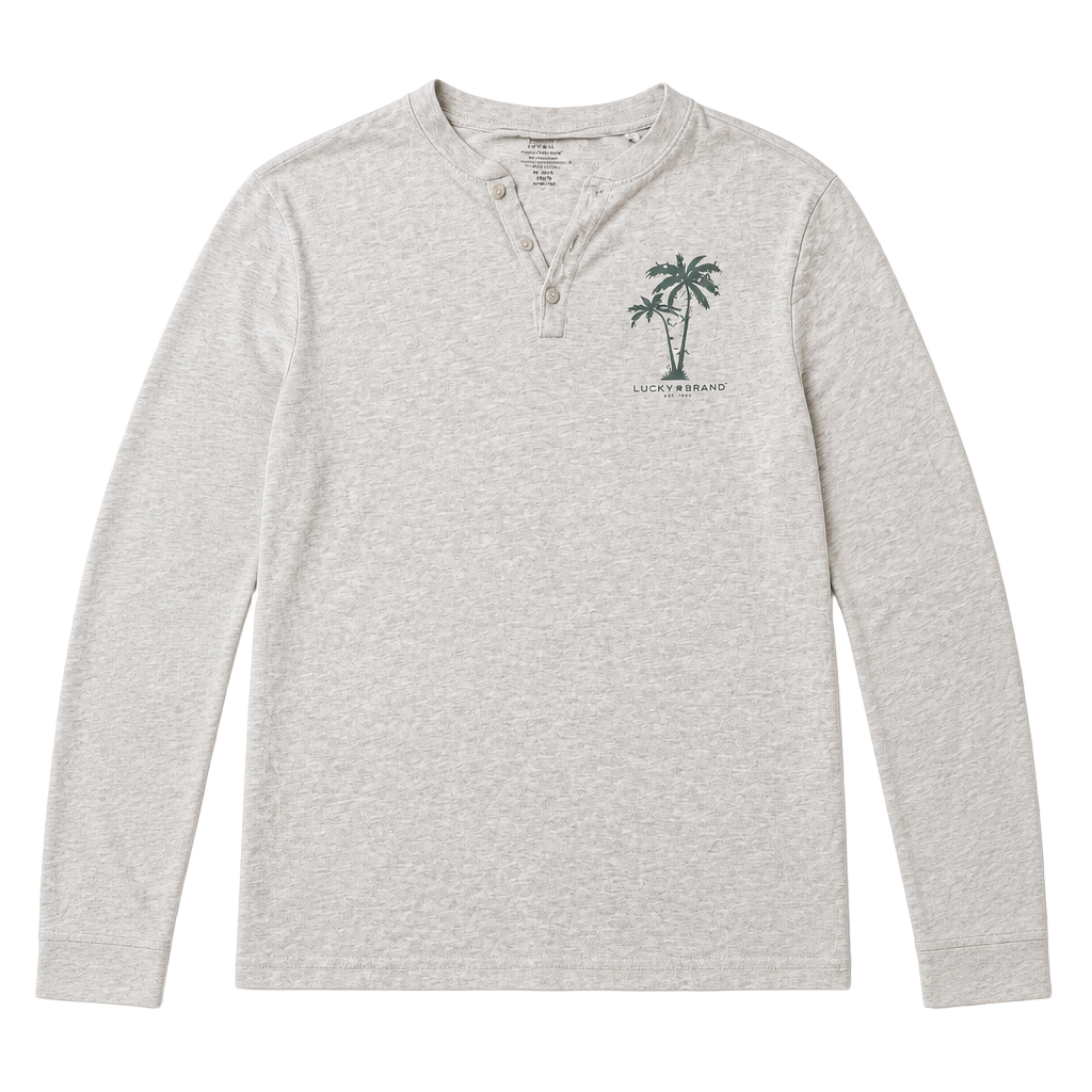 Lucky Brand Gray Long Sleeve Henley Shirt with Palm Tree Graphic Size Medium 1